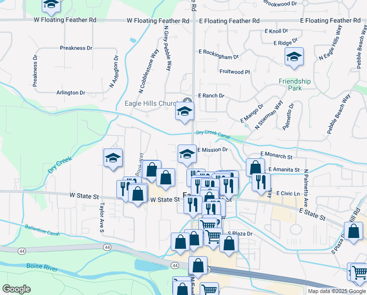 map of restaurants, bars, coffee shops, grocery stores, and more near 475 North Eagle Road in Eagle