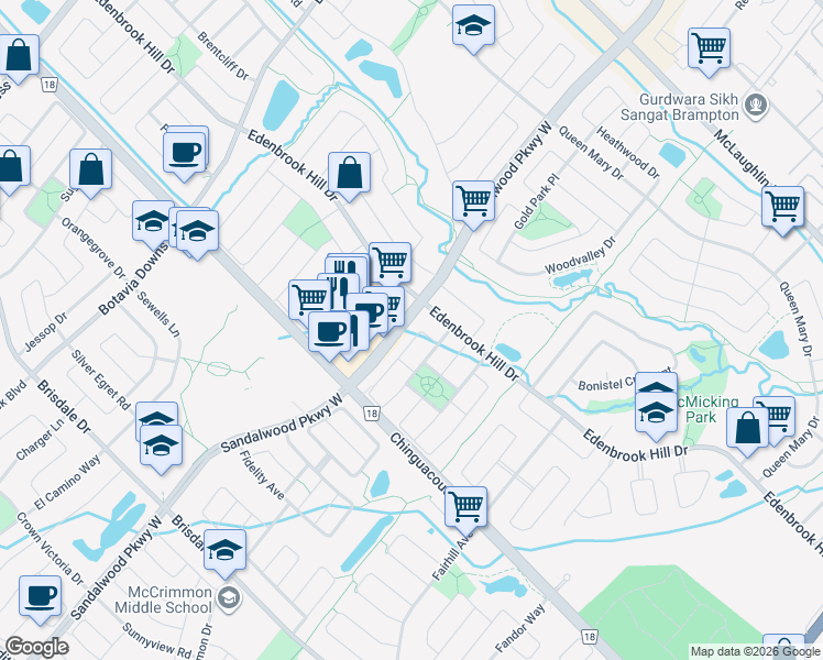 map of restaurants, bars, coffee shops, grocery stores, and more near 106 Heartleaf Crescent in Brampton