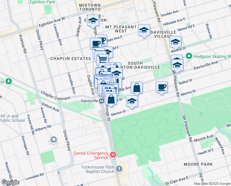 map of restaurants, bars, coffee shops, grocery stores, and more near 31 Davisville Avenue in Toronto