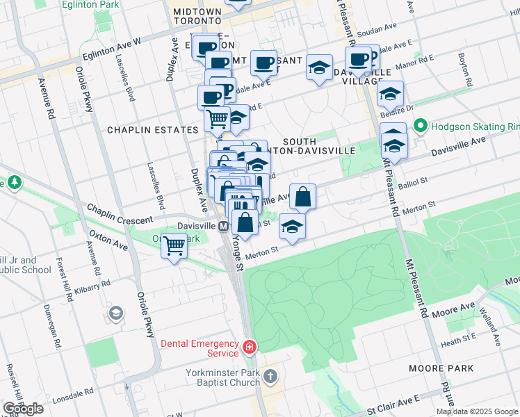 map of restaurants, bars, coffee shops, grocery stores, and more near 33 Davisville Avenue in Toronto