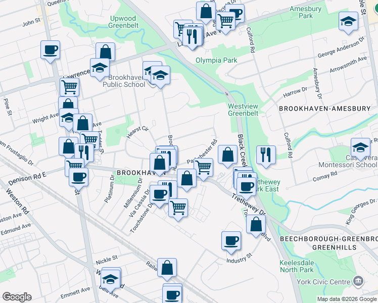 map of restaurants, bars, coffee shops, grocery stores, and more near 19 Westchester Road in Toronto