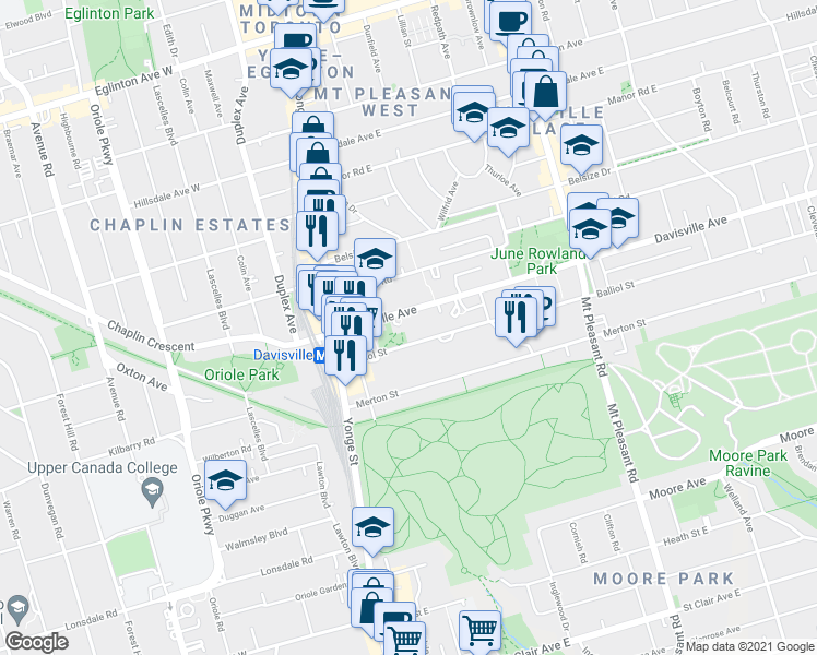 map of restaurants, bars, coffee shops, grocery stores, and more near 77 Davisville Avenue in Toronto