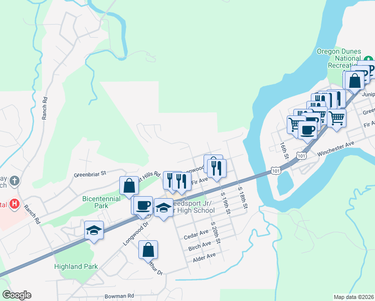 map of restaurants, bars, coffee shops, grocery stores, and more near 2091 Hawthorne Avenue in Reedsport
