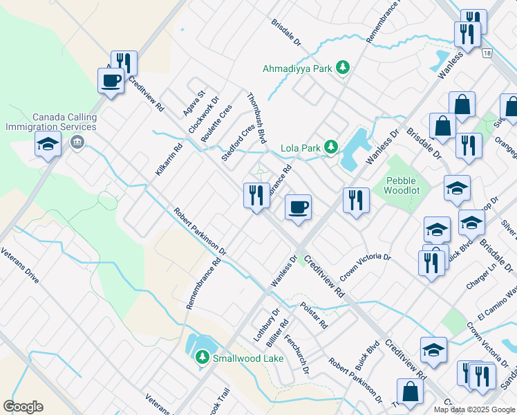 map of restaurants, bars, coffee shops, grocery stores, and more near Creditview Rd & Remembrance Rd in Brampton