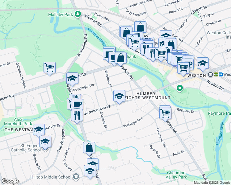 map of restaurants, bars, coffee shops, grocery stores, and more near 4 Riverlea Drive in Toronto