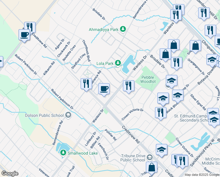 map of restaurants, bars, coffee shops, grocery stores, and more near 62 Quillberry Close in Brampton