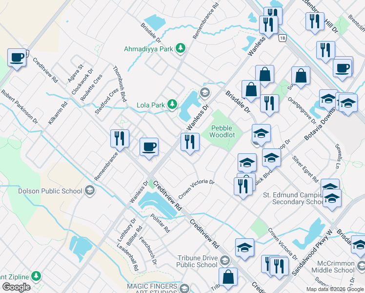 map of restaurants, bars, coffee shops, grocery stores, and more near 40 Thornbush Boulevard in Brampton