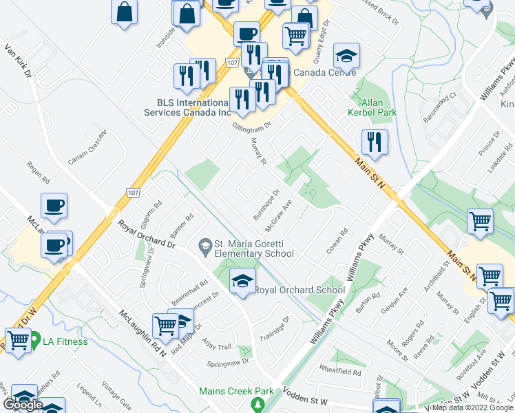 map of restaurants, bars, coffee shops, grocery stores, and more near 11 Burnhope Drive in Brampton