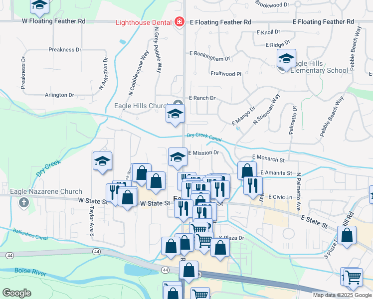map of restaurants, bars, coffee shops, grocery stores, and more near 368 North Eagle Road in Eagle