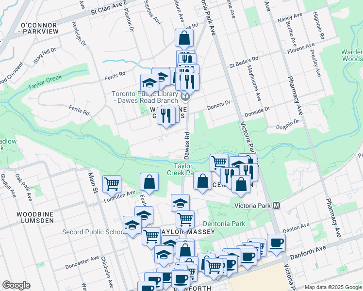 map of restaurants, bars, coffee shops, grocery stores, and more near 7 Park Vista in Toronto