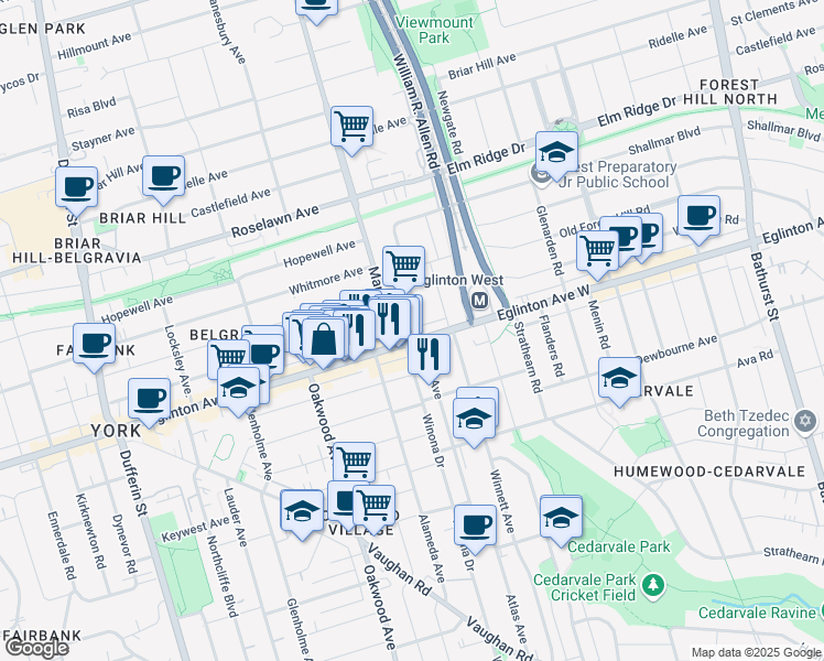 map of restaurants, bars, coffee shops, grocery stores, and more near 6 Tony Grande Lane in Toronto