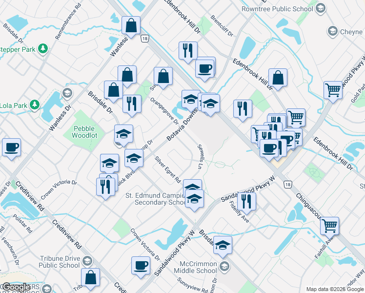 map of restaurants, bars, coffee shops, grocery stores, and more near in Brampton