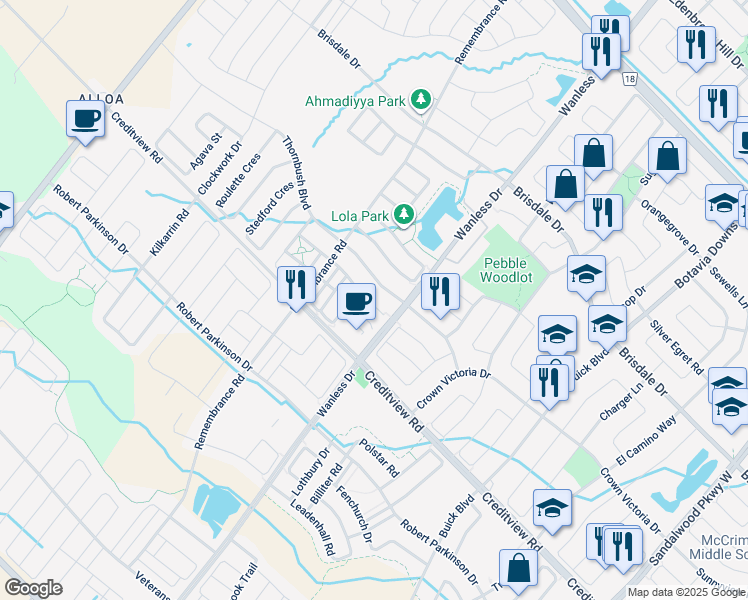 map of restaurants, bars, coffee shops, grocery stores, and more near 52 Quillberry Close in Brampton