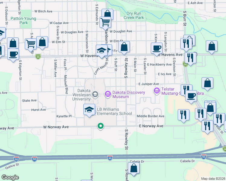 map of restaurants, bars, coffee shops, grocery stores, and more near 201-299 Andrews Street in Mitchell