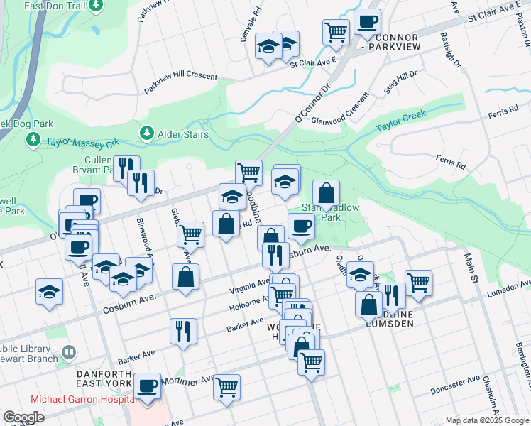 map of restaurants, bars, coffee shops, grocery stores, and more near 1 Trenton Avenue in Toronto