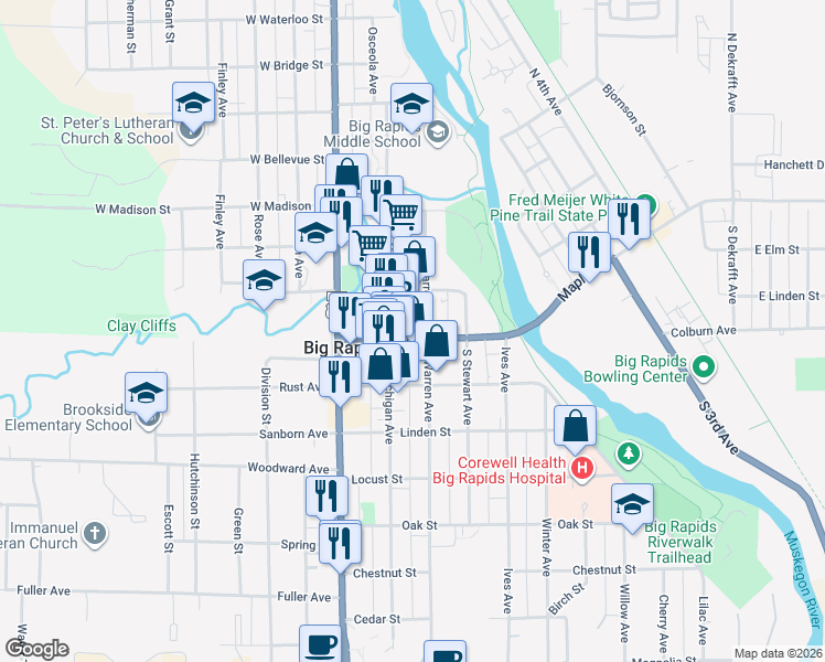 map of restaurants, bars, coffee shops, grocery stores, and more near 218 Maple Street in Big Rapids