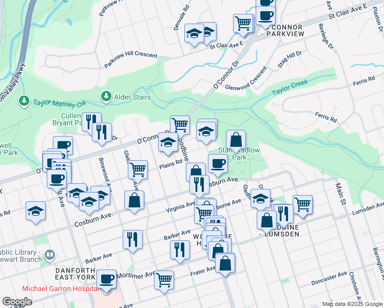 map of restaurants, bars, coffee shops, grocery stores, and more near 1 Trenton Avenue in Toronto