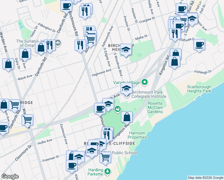 map of restaurants, bars, coffee shops, grocery stores, and more near 63 Pinegrove Avenue in Toronto