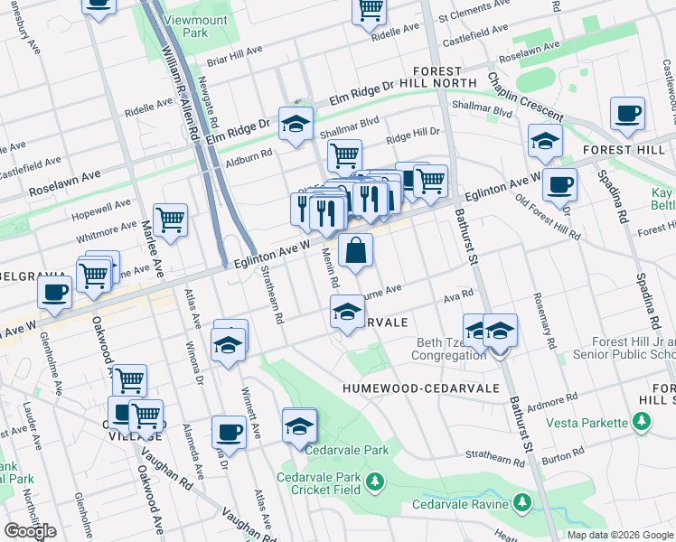 map of restaurants, bars, coffee shops, grocery stores, and more near 19 Menin Road in Toronto