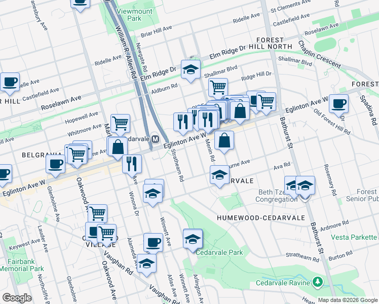 map of restaurants, bars, coffee shops, grocery stores, and more near in Toronto