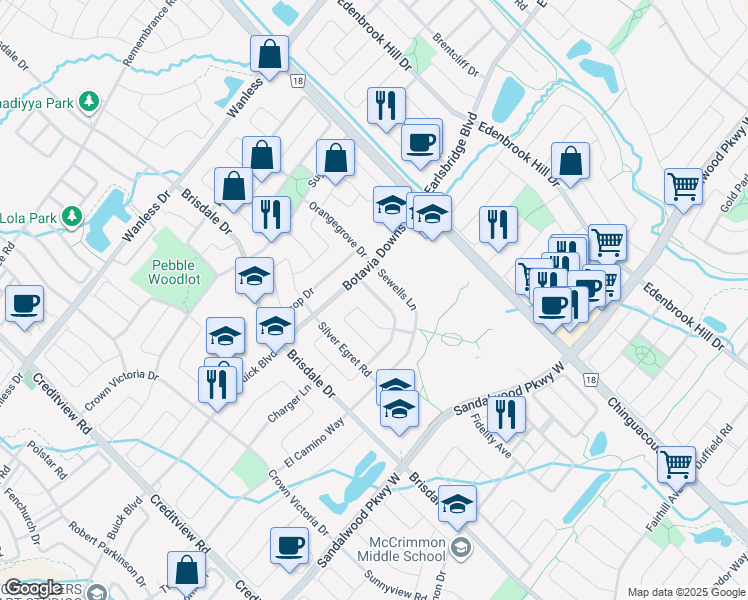 map of restaurants, bars, coffee shops, grocery stores, and more near 40 Trumpet Valley Boulevard in Brampton