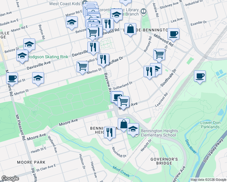map of restaurants, bars, coffee shops, grocery stores, and more near 1315 Bayview Avenue in Toronto