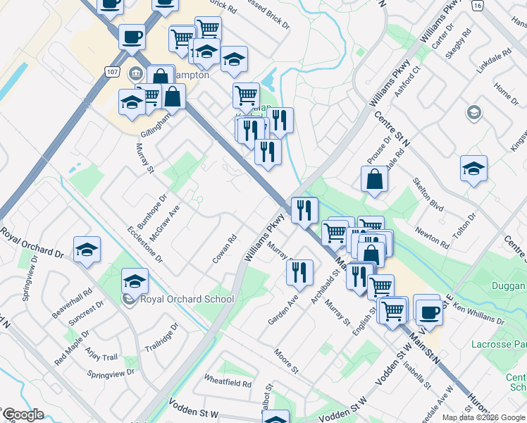 map of restaurants, bars, coffee shops, grocery stores, and more near 6 Rowe Court in Brampton