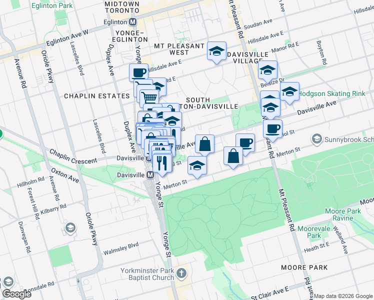 map of restaurants, bars, coffee shops, grocery stores, and more near 77 Davisville Avenue in Toronto