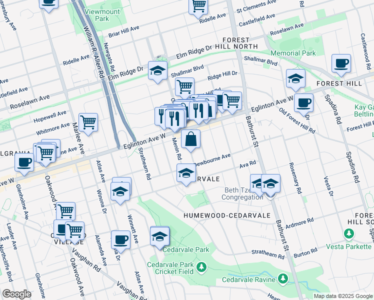 map of restaurants, bars, coffee shops, grocery stores, and more near 188 Glen Cedar Road in Toronto