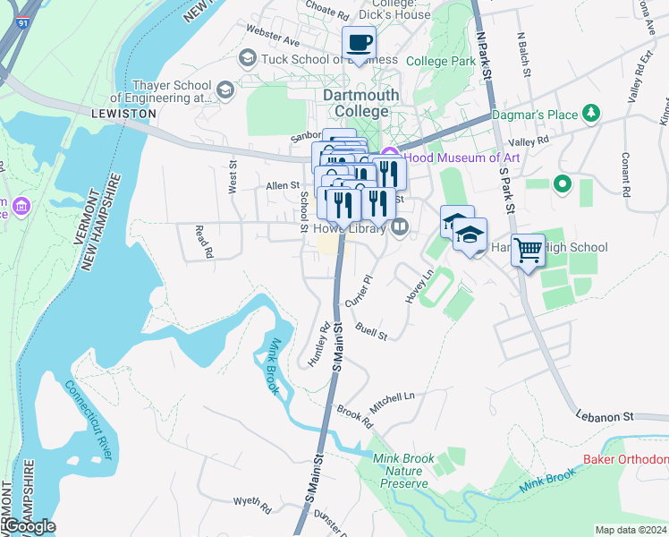 map of restaurants, bars, coffee shops, grocery stores, and more near 90 South Main Street in Hanover