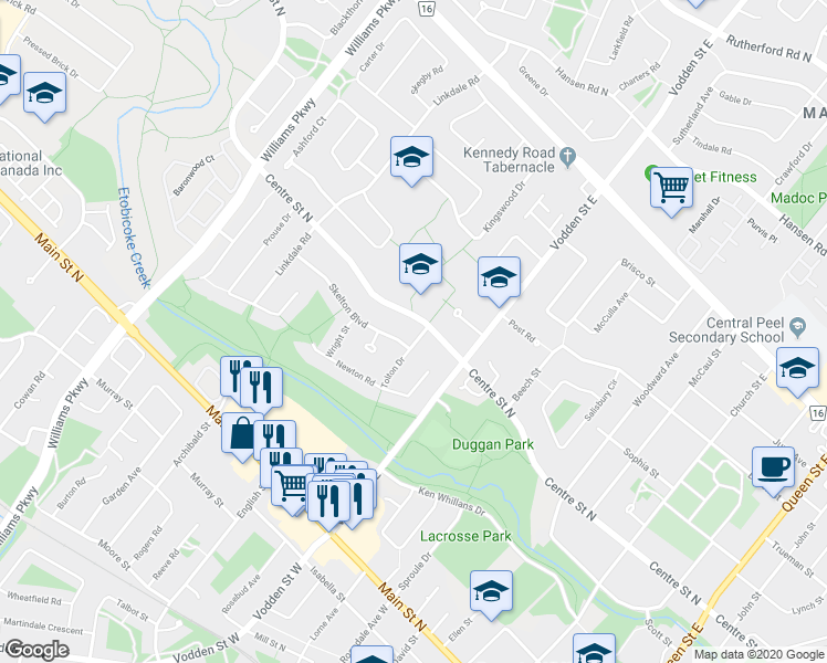 map of restaurants, bars, coffee shops, grocery stores, and more near 229 Centre Street North in Brampton