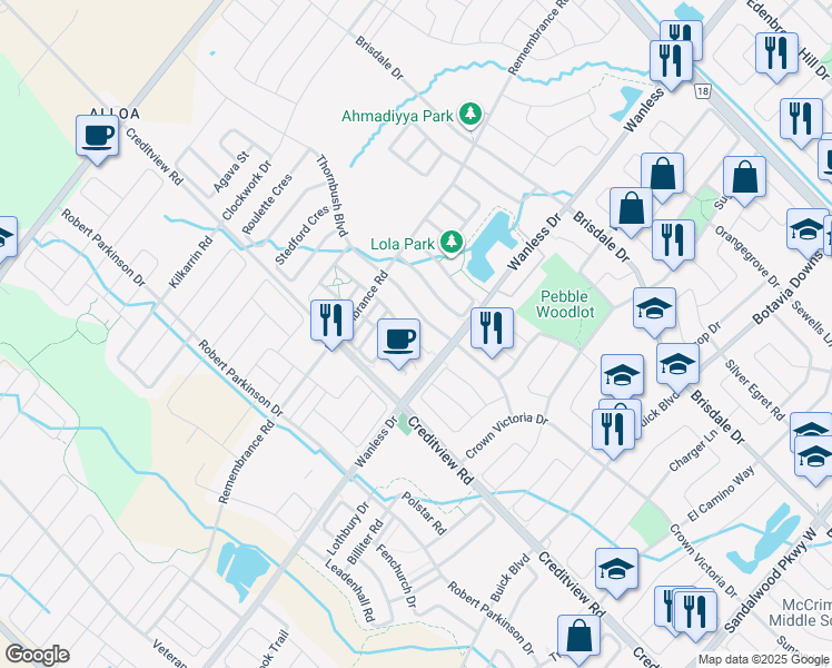 map of restaurants, bars, coffee shops, grocery stores, and more near 52 Quillberry Close in Brampton