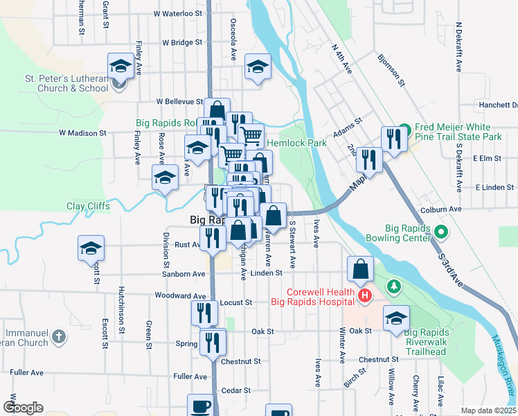 map of restaurants, bars, coffee shops, grocery stores, and more near 218 Maple Street in Big Rapids