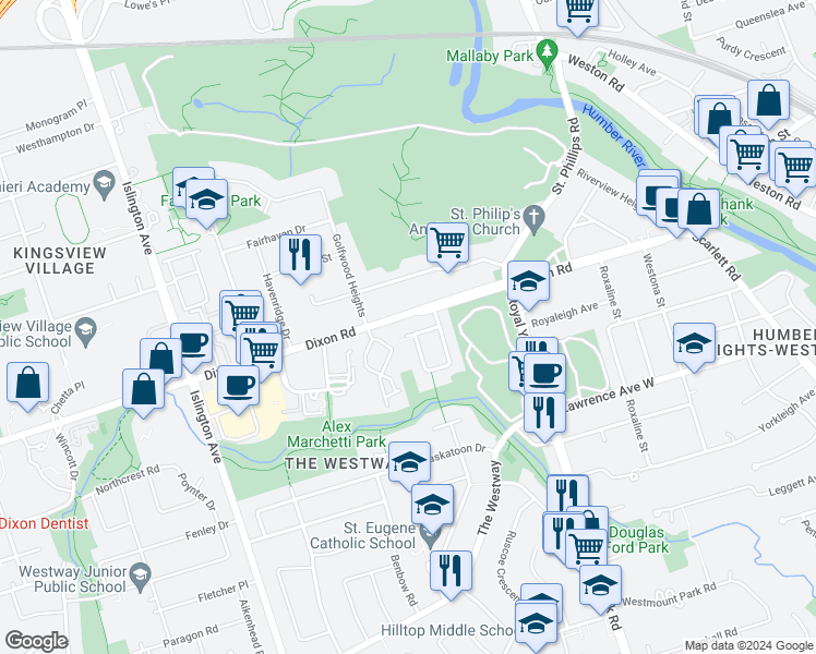 map of restaurants, bars, coffee shops, grocery stores, and more near 12 Deeth Drive in Toronto