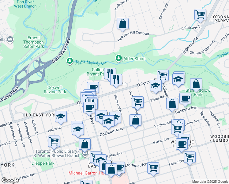 map of restaurants, bars, coffee shops, grocery stores, and more near O'Connor Drive in Toronto