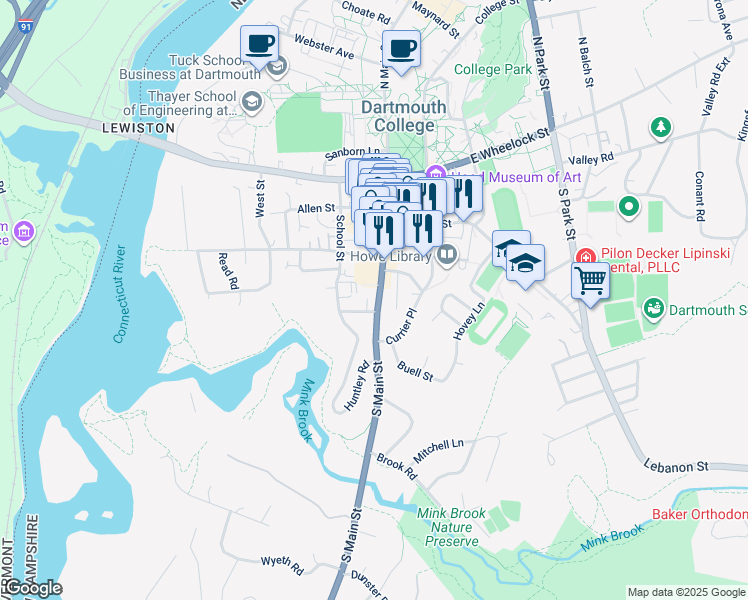 map of restaurants, bars, coffee shops, grocery stores, and more near 90 South Main Street in Hanover