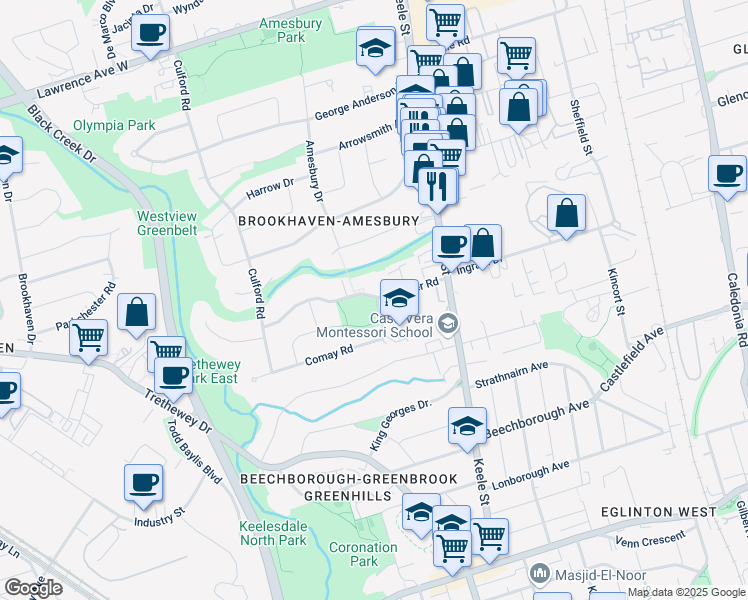 map of restaurants, bars, coffee shops, grocery stores, and more near 55 Gulliver Road in Toronto
