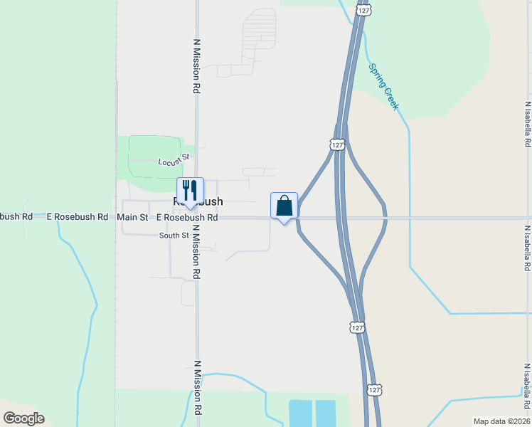 map of restaurants, bars, coffee shops, grocery stores, and more near 4250 East Rosebush Road in Rosebush