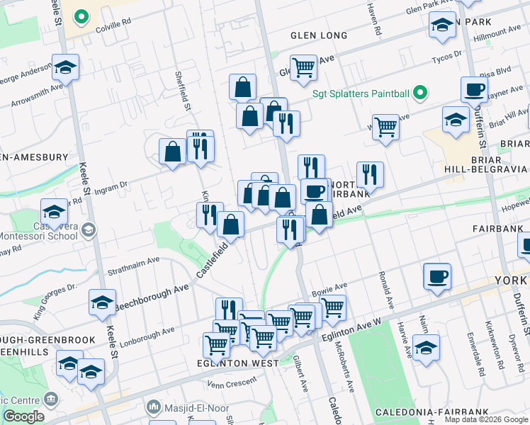 map of restaurants, bars, coffee shops, grocery stores, and more near 1400 Castlefield Avenue in Toronto