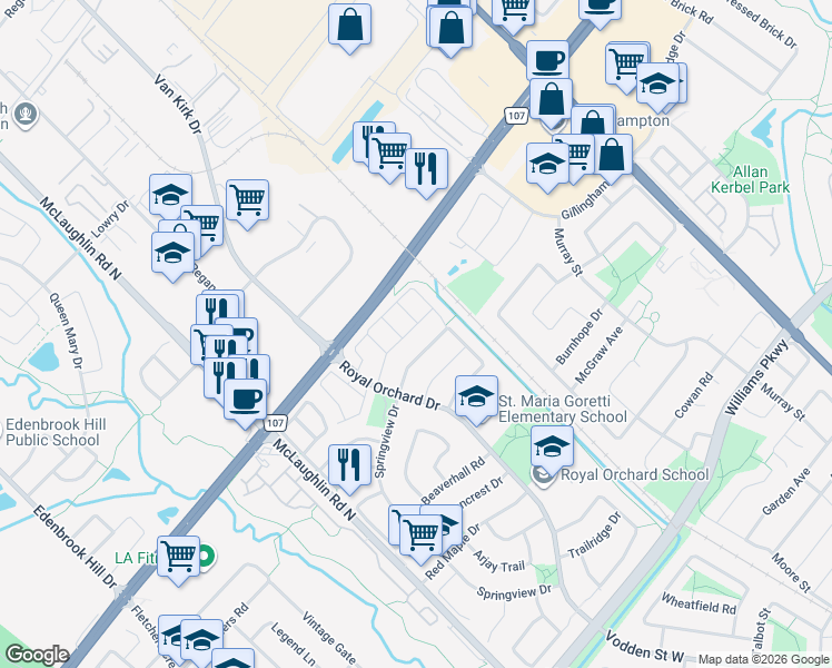 map of restaurants, bars, coffee shops, grocery stores, and more near 33 Gilgorm Road in Brampton