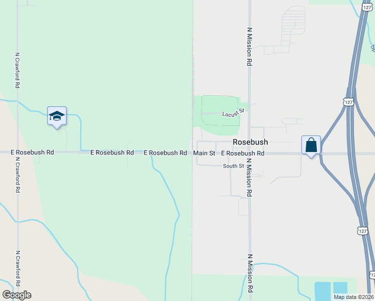 map of restaurants, bars, coffee shops, grocery stores, and more near Locust in Rosebush