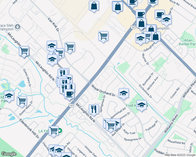 map of restaurants, bars, coffee shops, grocery stores, and more near 30 Kenwood Drive in Brampton