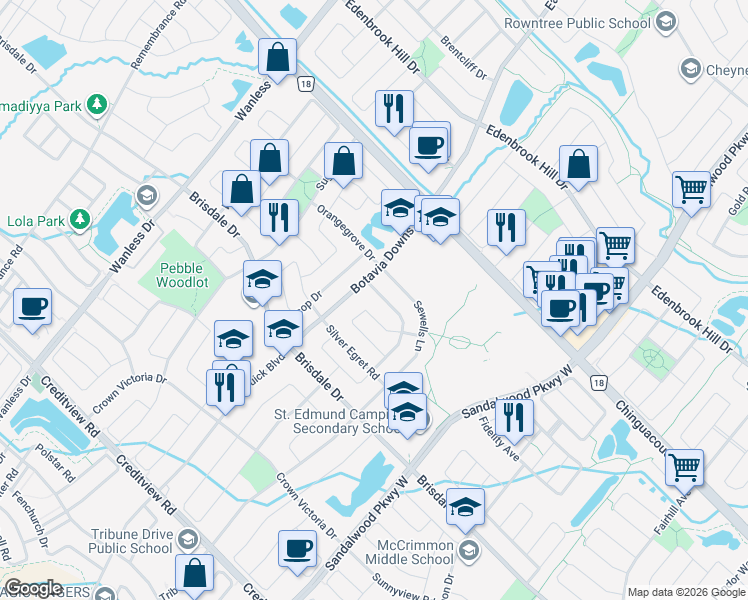 map of restaurants, bars, coffee shops, grocery stores, and more near 48 Trumpet Valley Boulevard in Brampton