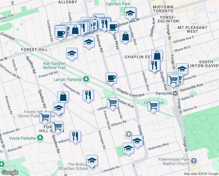 map of restaurants, bars, coffee shops, grocery stores, and more near 145 Chaplin Crescent in Toronto