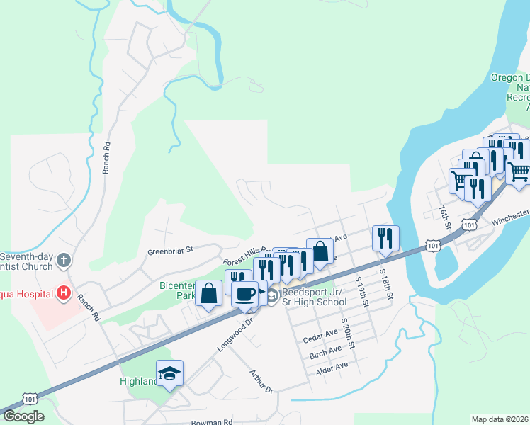 map of restaurants, bars, coffee shops, grocery stores, and more near 608 Masters Way in Reedsport