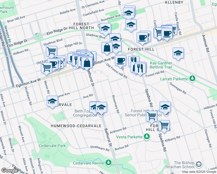 map of restaurants, bars, coffee shops, grocery stores, and more near in Toronto