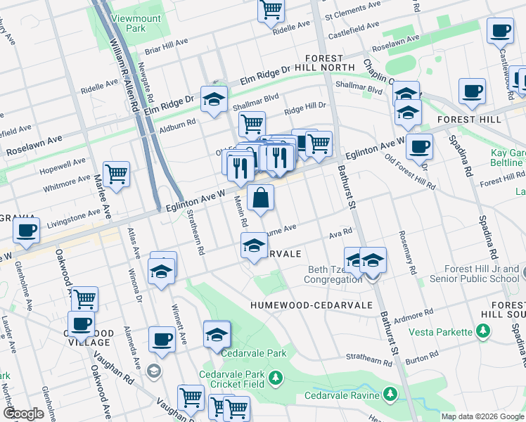 map of restaurants, bars, coffee shops, grocery stores, and more near in Toronto