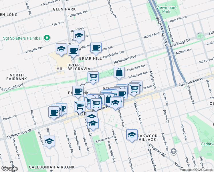 map of restaurants, bars, coffee shops, grocery stores, and more near 451 Whitmore Avenue in Toronto