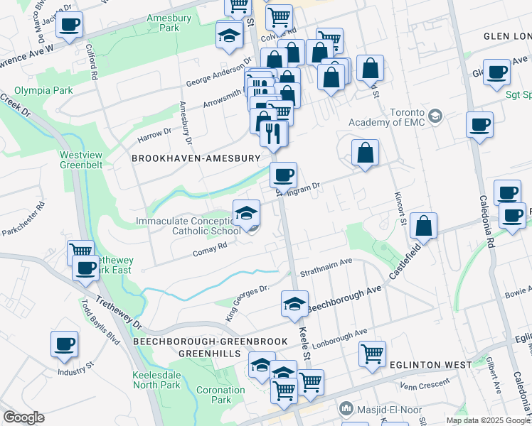 map of restaurants, bars, coffee shops, grocery stores, and more near 23 Comay Road in Toronto