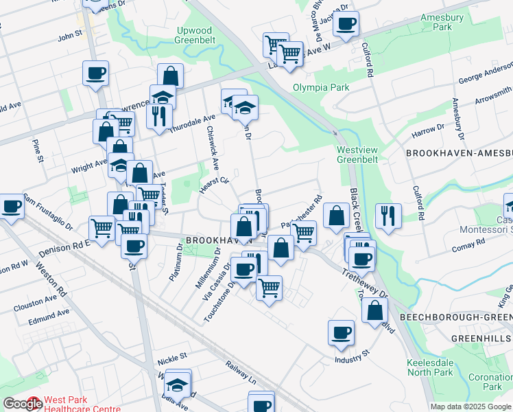 map of restaurants, bars, coffee shops, grocery stores, and more near 18 Brookhaven Drive in Toronto